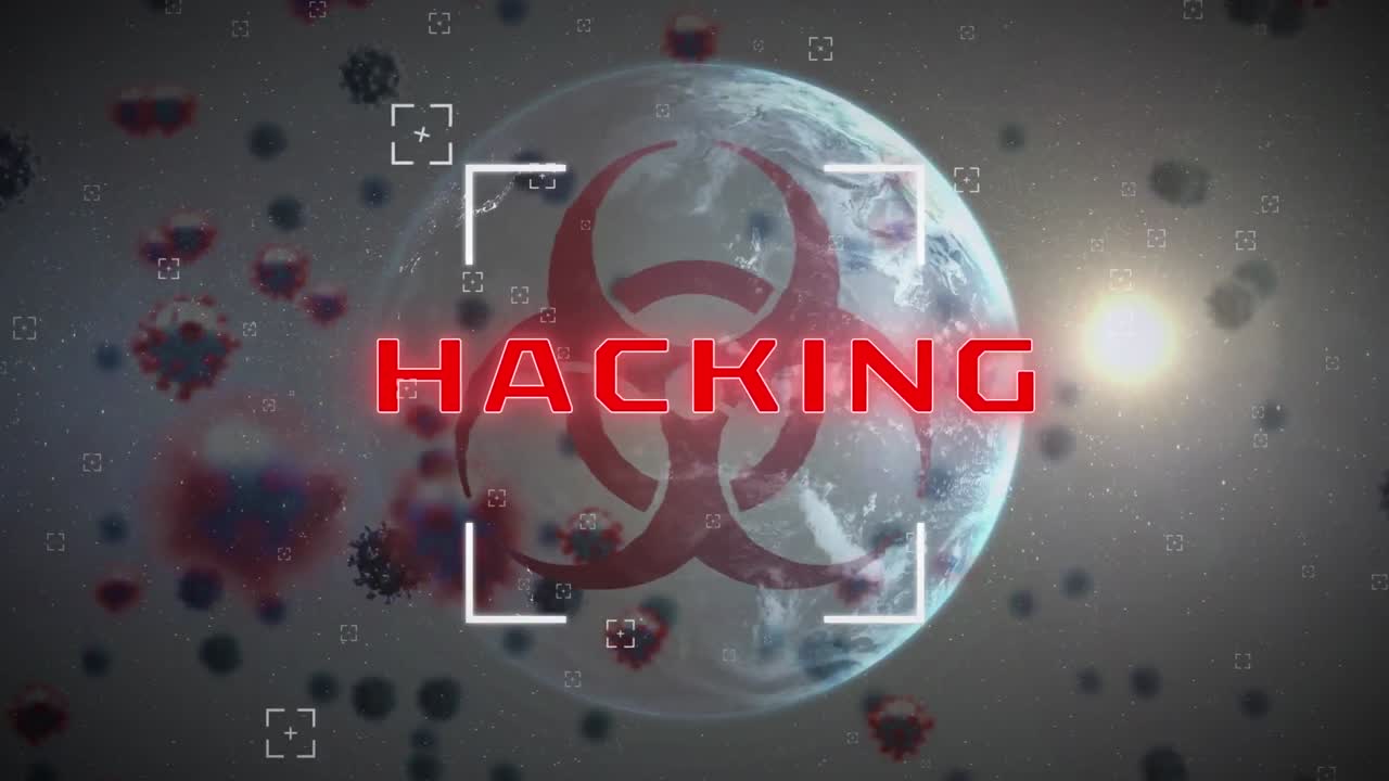 animación de virus que caen y texto de hacking en todo el mundo