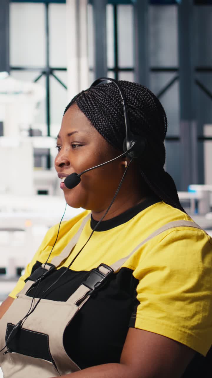 Vertical Video Solar energy female expert providing remote support in solar panel plant