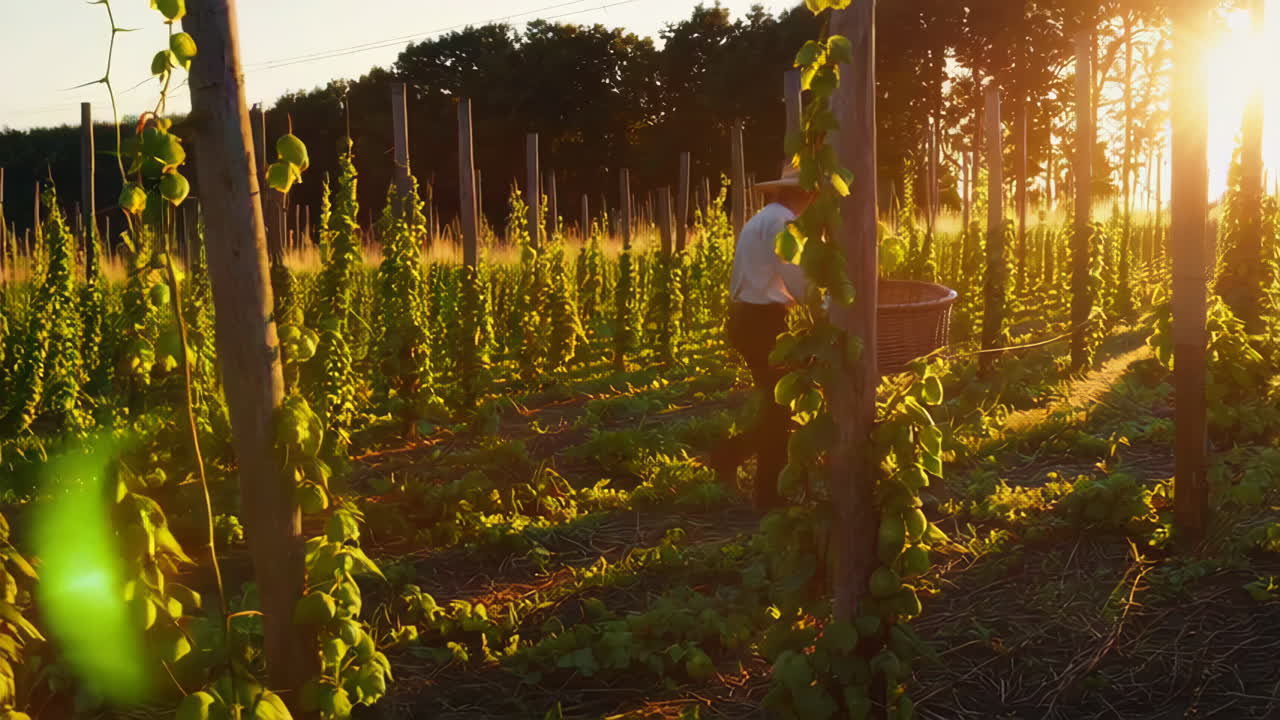 Coltivatore di luppolo che raccoglie al tramonto
