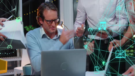 Processing data and networking connections animation, business people working in office