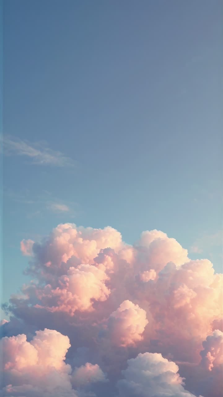 A serene video concept featuring a low-angle view of fluffy pink clouds against a clear blue sky