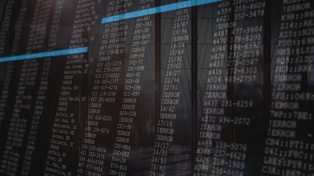 Animation of digital data and error codes projected on reflective glass surface