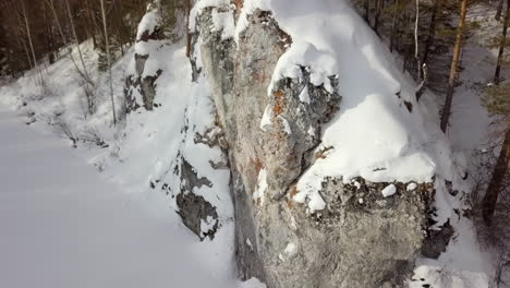 snowy rock face in a forest