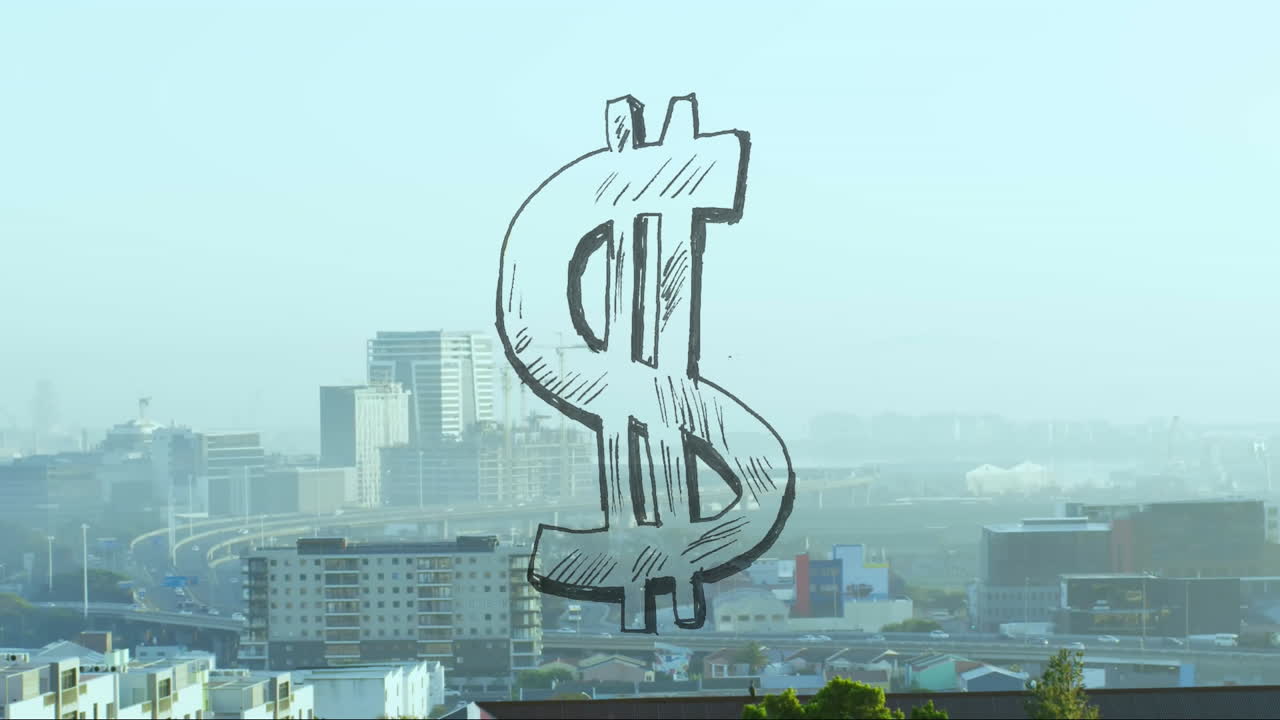 Hand-drawn dollar sign animation over cityscape with buildings and roads