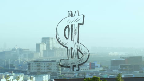 hand-drawn dollar sign animation over cityscape with buildings and roads