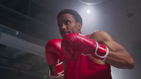 boxer in ring at start of boxing match sparring and putting up boxing gloves ready to fight