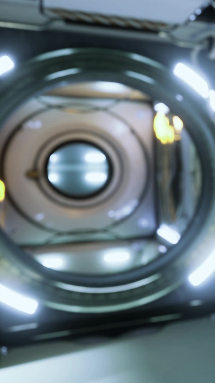 View of a round opening with lights around it inside a spacecraft