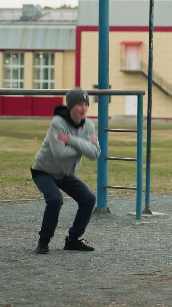 A young boy performs a workout with hands crossed close to an iron pole in a stadium with a yellow building in the background and a blurred view of someone walking nearby