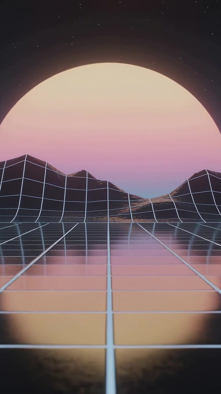 Vertical video: Panning camera showing sun shifting glow across grid plane wire peaks evoking dusk