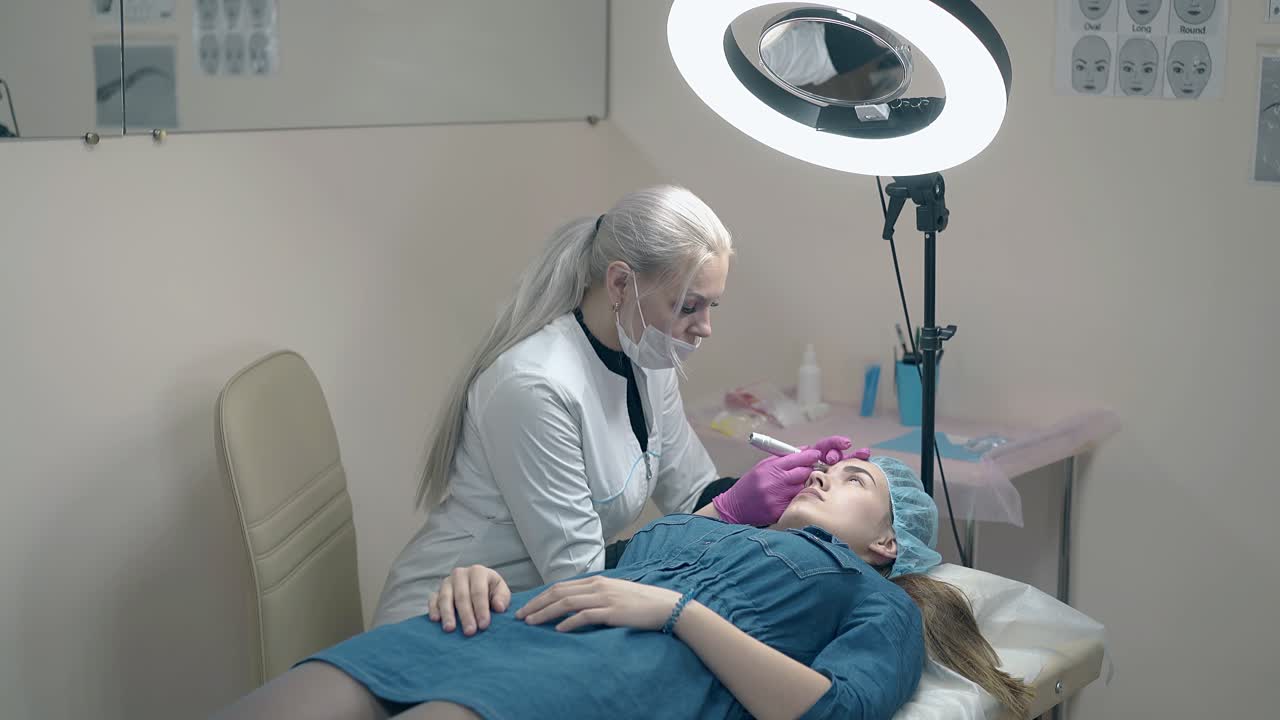 una esteticista experta aplica maquillaje permanente en las cejas