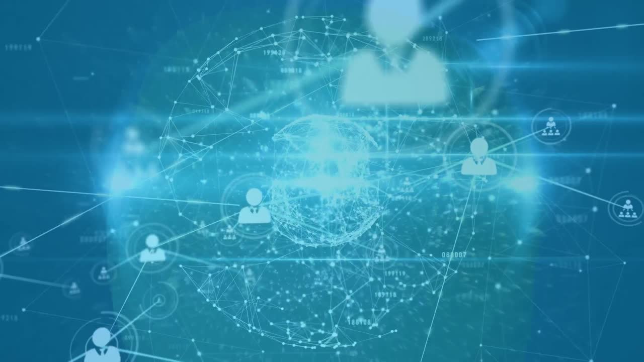 블루 배경 위의 미디어 아이콘과 글로브의 애니메이션