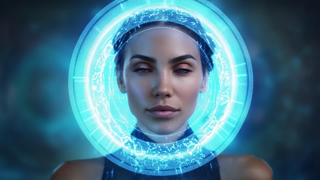 A captivating digital portrait of a woman with striking blue eyes and a futuristic holographic aura, showcasing beauty and technology in harmony