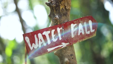 slow motion shot of a sign coming into focus that says waterfall with an arrow pointing down the trail