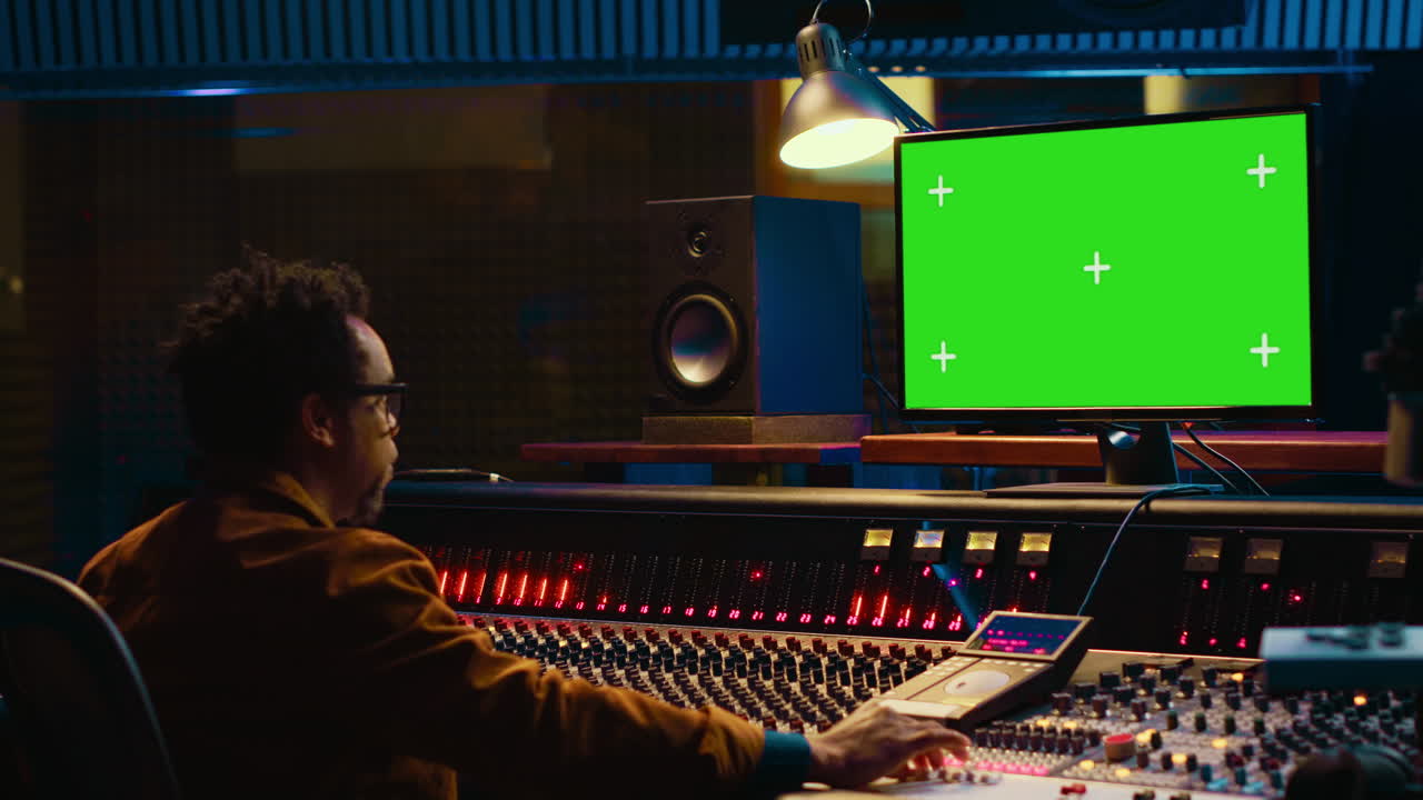 Ingegnere del suono afroamericano che lavora nella sala di controllo con la console di mixaggio