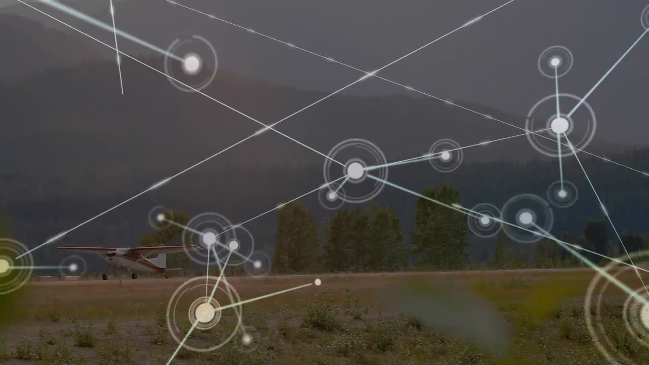 animación de la red global de conexiones con el avión en el fondo