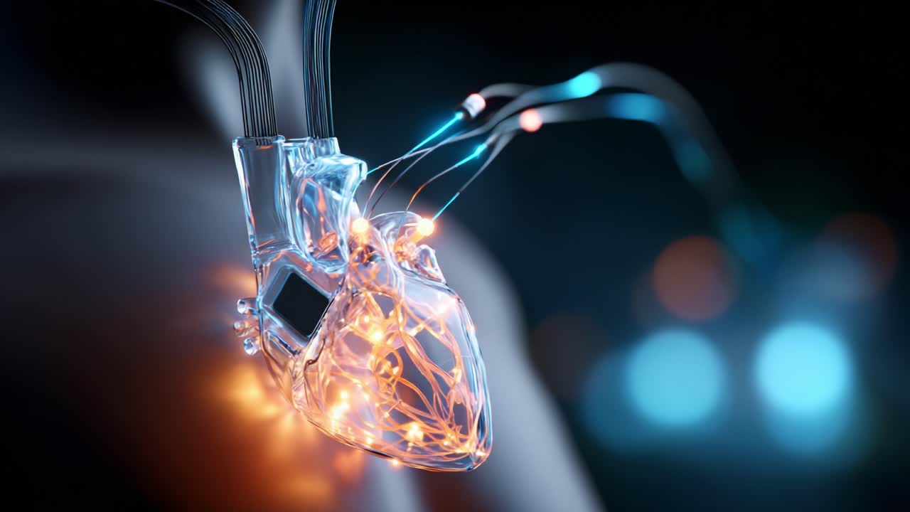 A high-tech artificial heart, showcasing intricate wiring and glowing lights, symbolizes the merging of biotechnology and human health, representing innovation and the future of medicine