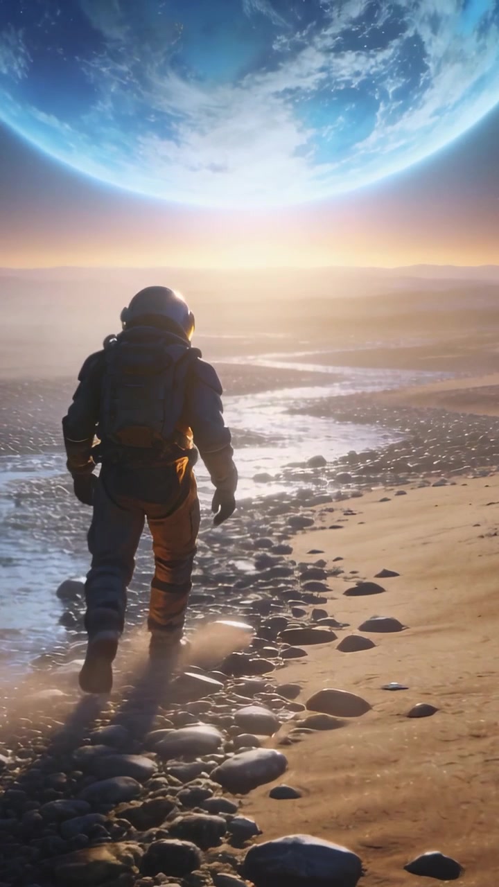 Vertical video: Distant sun drawing astronaut in suit walking to horizon along shoreline with pack