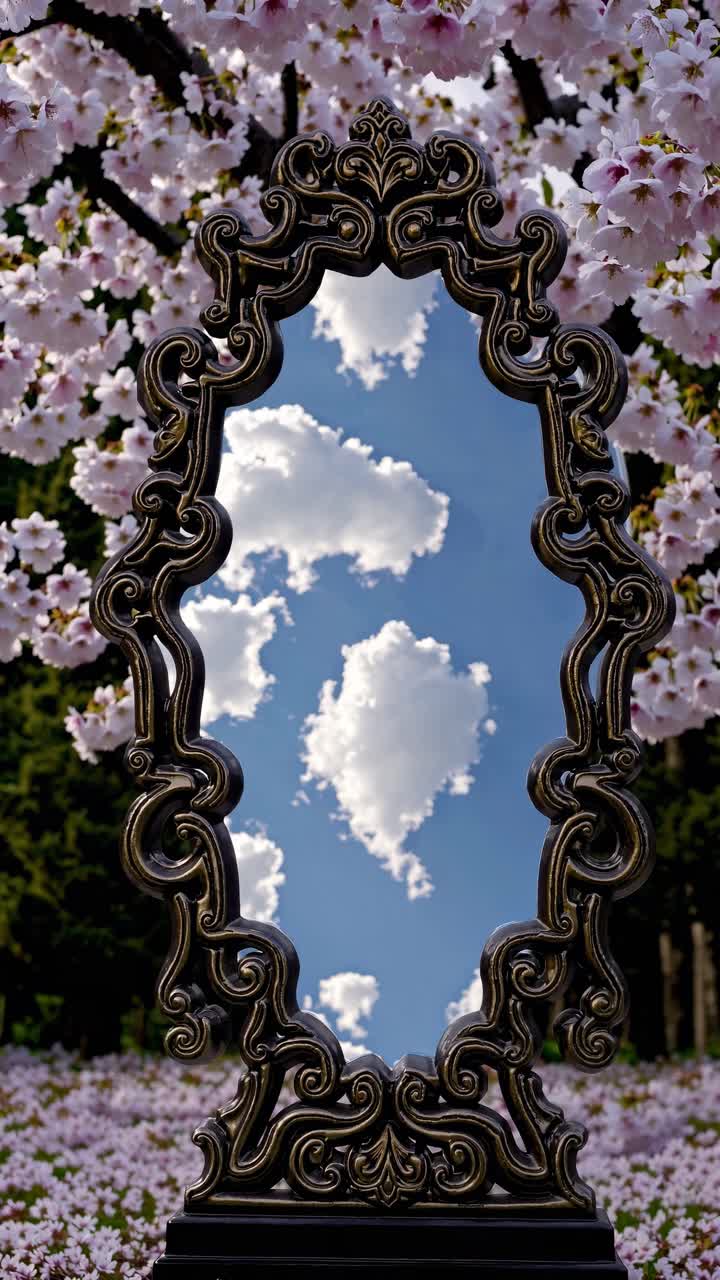 Un concetto video surreale con uno specchio vintage che riflette un cielo con nuvole, sullo sfondo di ciliegi