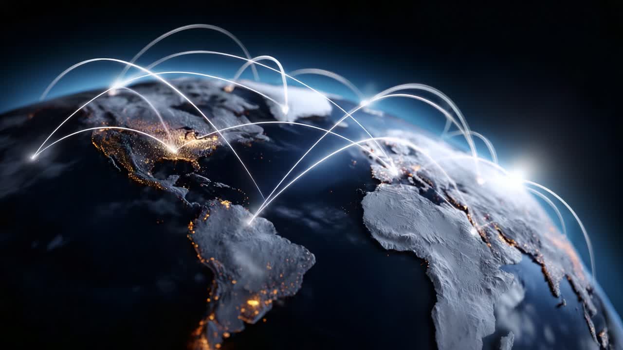 Global Connectivity: Visualizing the Digital Links Between Continents Through a Network of Light Across the World Illustrating Modern Communication Systems