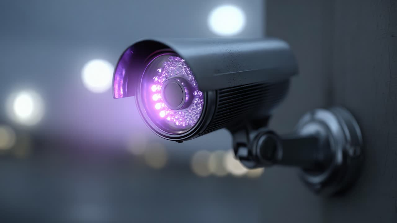 Visuale ravvicinata di una moderna telecamera di sorveglianza con illuminazione a LED, che cattura l'essenza della sicurezza e del monitoraggio in un ambiente contemporaneo