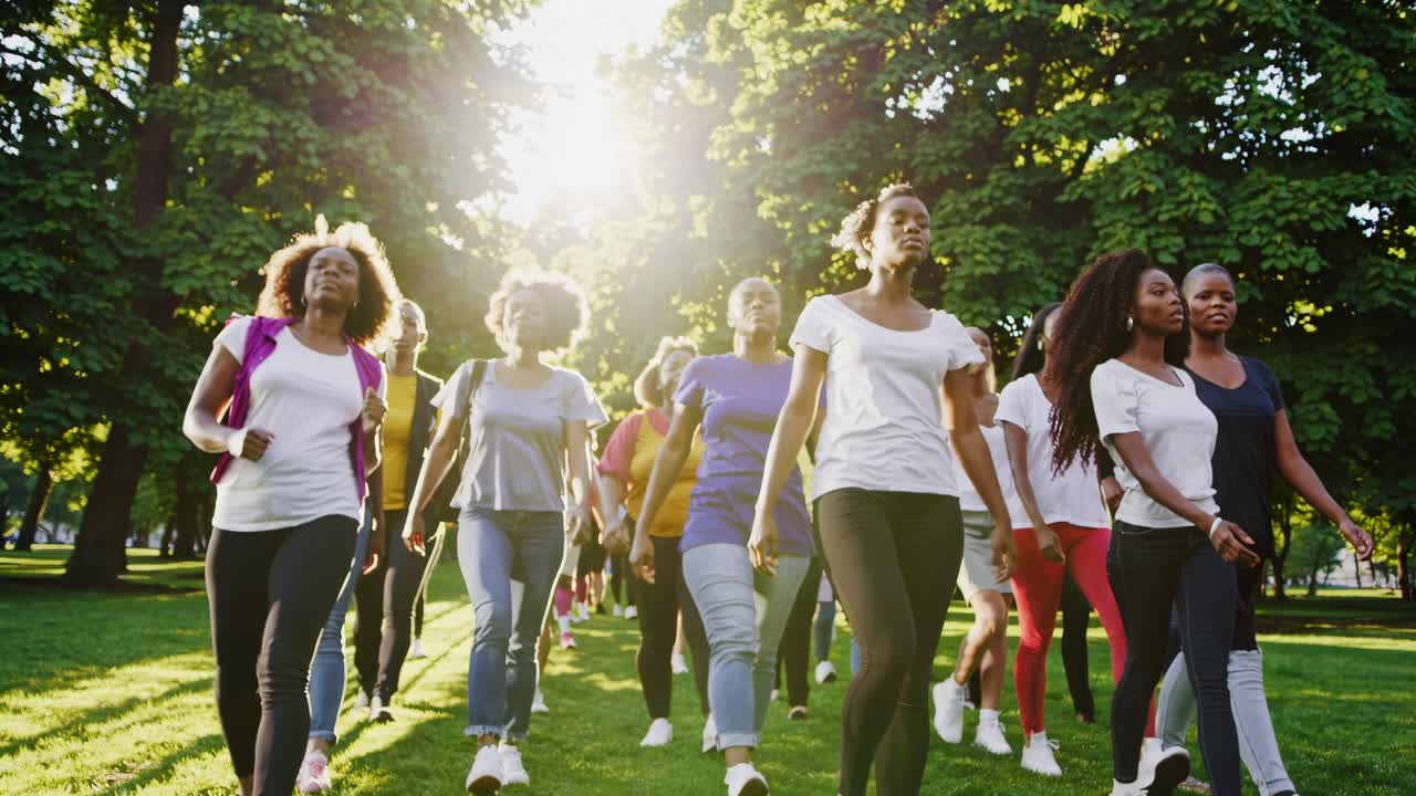 A group of people walking in a park, captured from a low-angle, backlit by the sun
