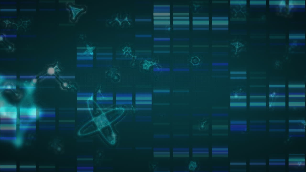 Animation of molecules over moving columns on black background