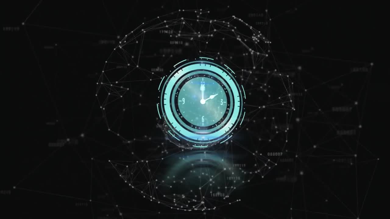 Animation of network of connections over clock on dark background