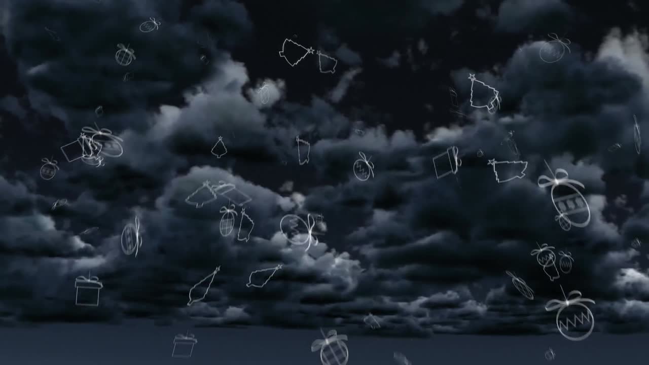 Animation af faldende julepynt over overskyet himmel