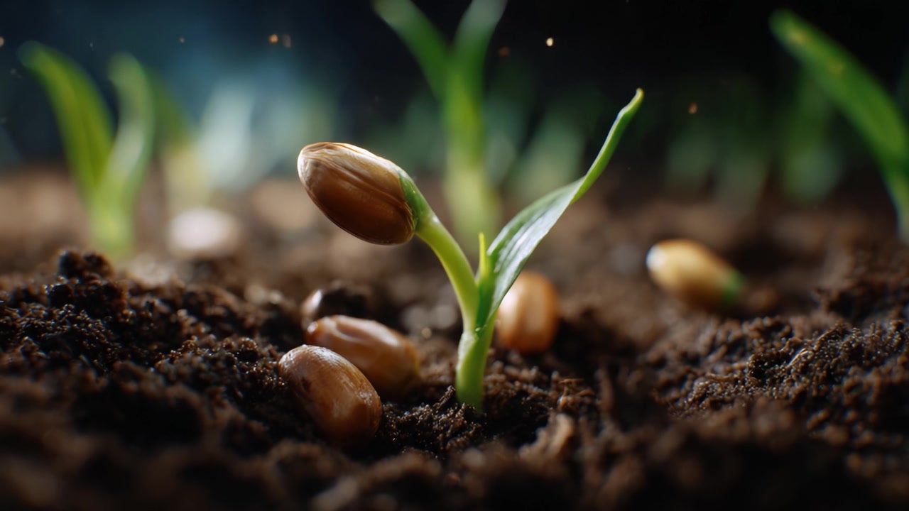 Crescita di piantine che emergono dal terreno in una rappresentazione in time-lapse che mostra la bellezza della natura, il ciclo vitale e l'importanza di curare le piante.