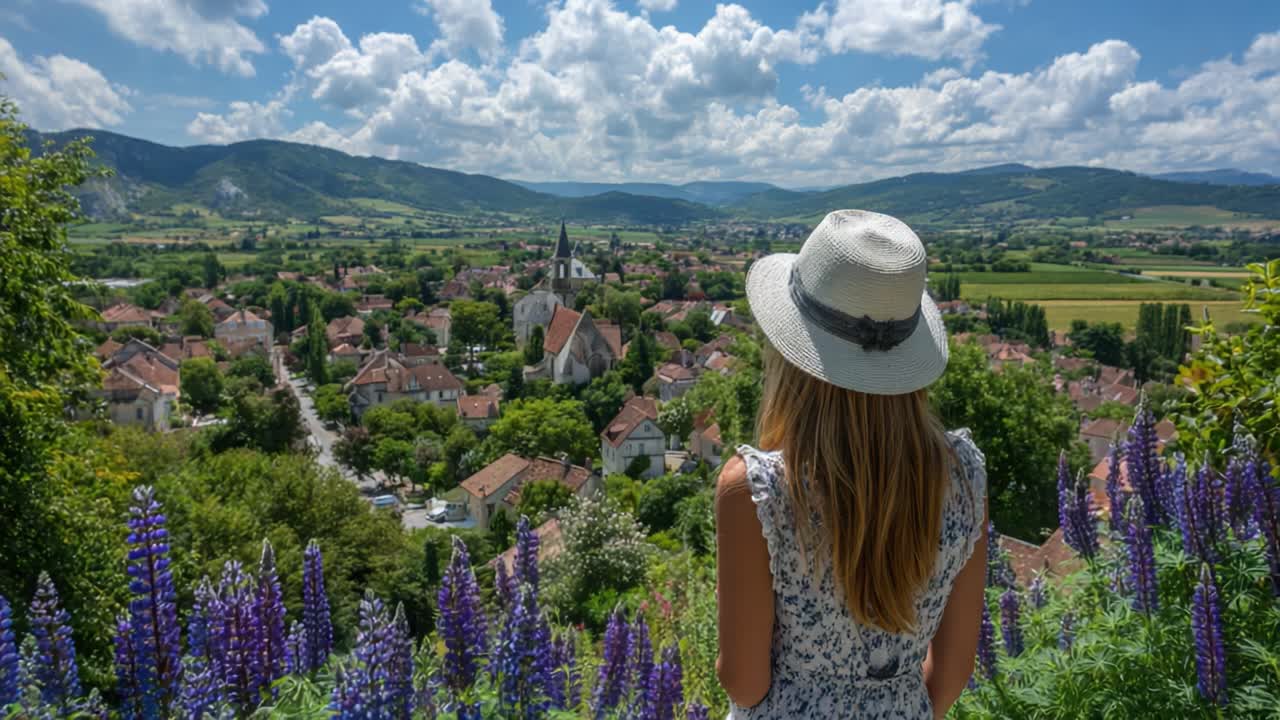 Fantastisk udsigt over en malerisk landsby omgivet af frodig grøn vegetation og farverige blomster under en strålende blå himmel