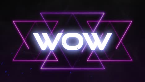 Animation-of-wow-text-in-glowing-white-over-moving-purple-neon-lines-on-black-background