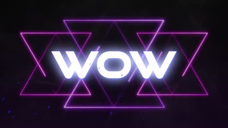 animación de texto wow en blanco brillante sobre líneas de neón púrpura en movimiento sobre fondo negro.