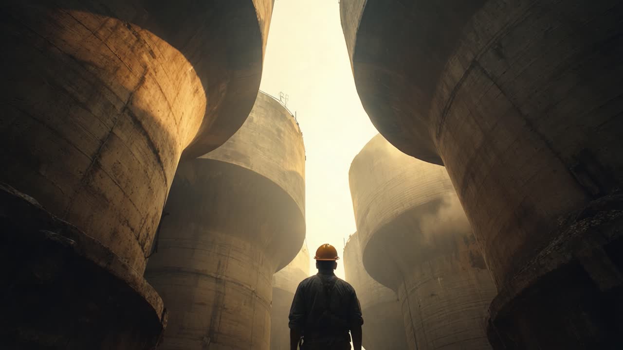 A Worker Stands Amidst Massive Industrial Silos, Surrounded by Tall Concrete Structures with a Golden Glow, Reflecting an Atmosphere of Labor and Industry