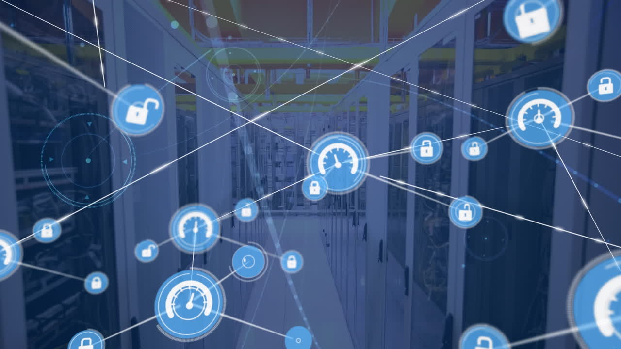 Animation of network of connections with icons over server room
