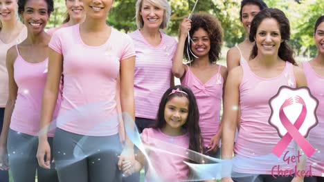 animation of pink ribbon logo with get checked text and wave over diverse group of smiling women