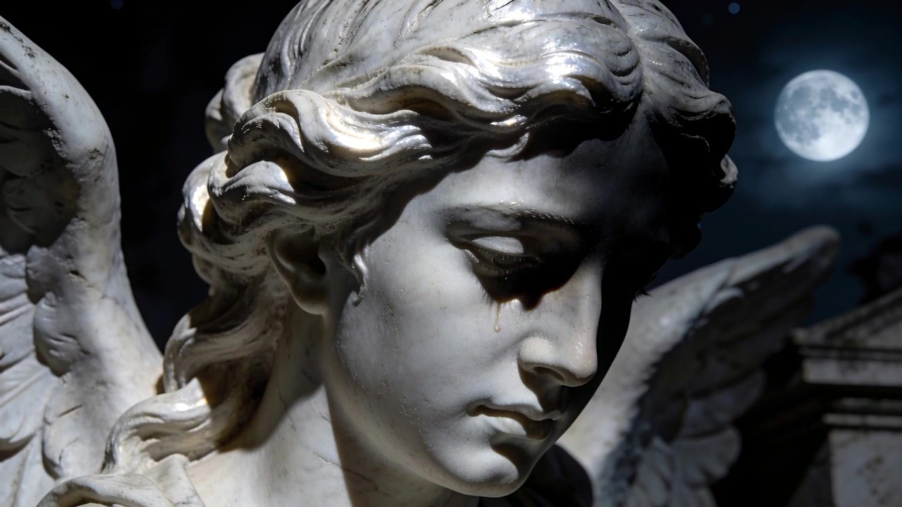 Zooming camera revealing marble angel sculpture at night, highlighting tear-streaked cheek and moon