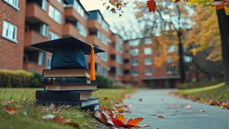graduation cap and books on a campus in autumn