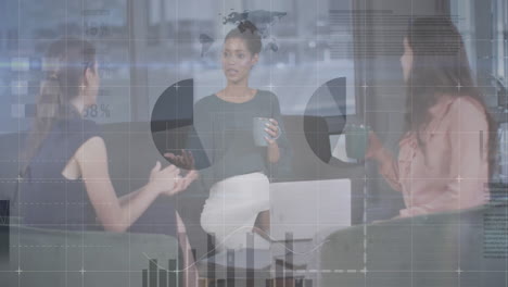 animation of financial data processing over diverse business people in office