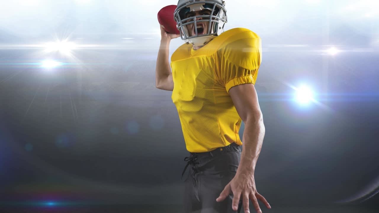 animación de un jugador de fútbol americano masculino lanzando una pelota en un estadio iluminado
