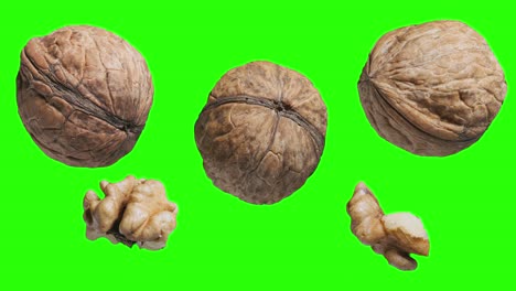 three walnuts and two shelled walnuts rotate slowly on a black background.