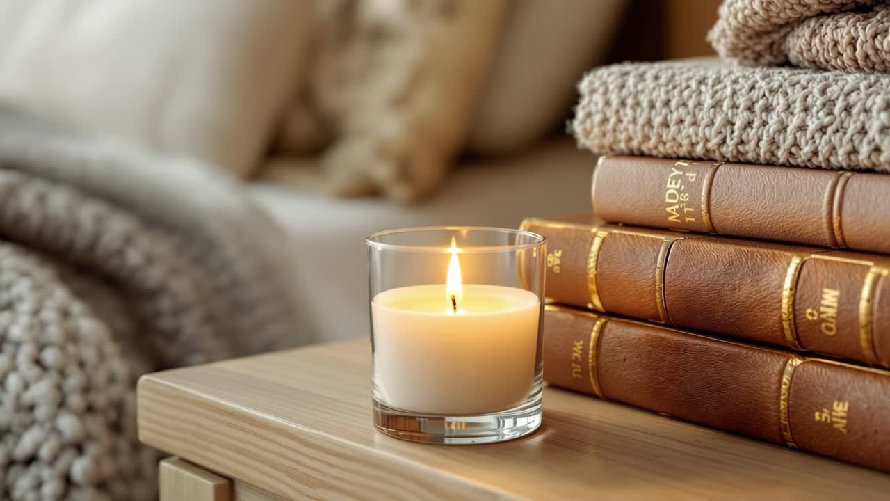 Cozy scene featuring a lit candle on a wooden table beside stacked books and a textured blanket, creating a warm and inviting atmosphere for relaxation