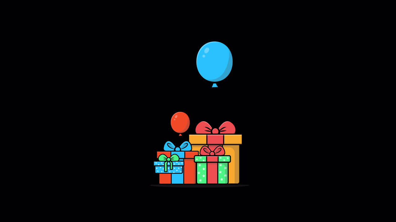 Scatole regalo animate e palloncini che compaiono su sfondo nero