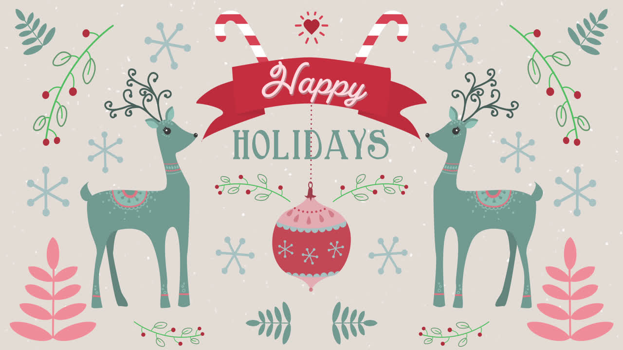 animación de felices fiestas palabras y ciervos en movimiento en decoraciones de navidad fondo