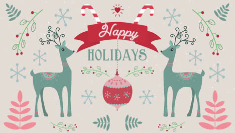 animation of happy holidays words and moving deers on christmas decorations background