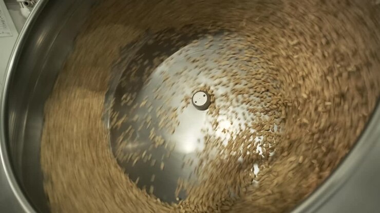 Many seeds. Sunflower seeds baking machine. Moving fried sunflower seeds are spinning in the machine. Food production