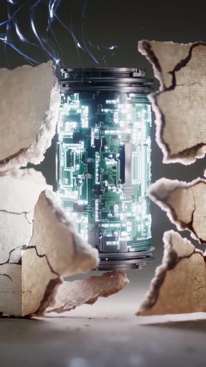 Vertical video: Cylinder rising after crack lighting and wall tearing energy pulsing revealing tech