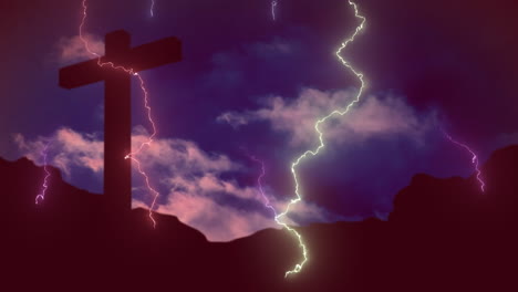 digital composition of thunder effect over cross against clouds in the sky