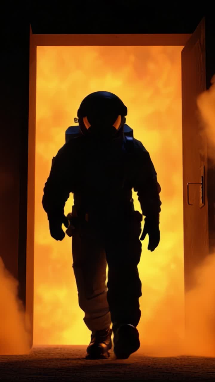 A brave astronaut emerges from a fiery portal, embodying courage and determination while facing a daunting and intense environment filled with flames and smoke