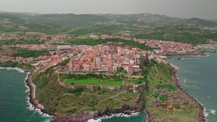 Panoramic view of coastline colorful village Castelsardo in Sardinia, Italy