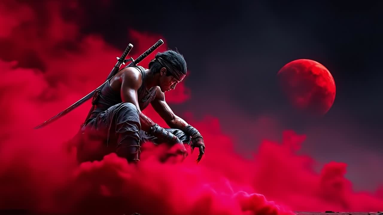 un hombre con una espada frente a una luna roja